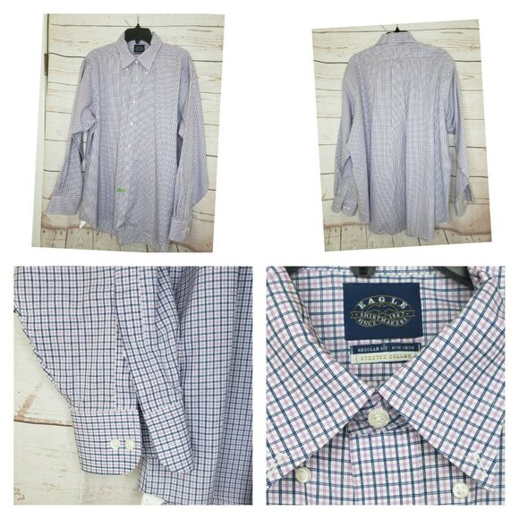 Eagle Reg Fit Non Iron Stretch Collar Violet Blue Mini Checkered 17 1/2 34/35 - Picture 2 of 12